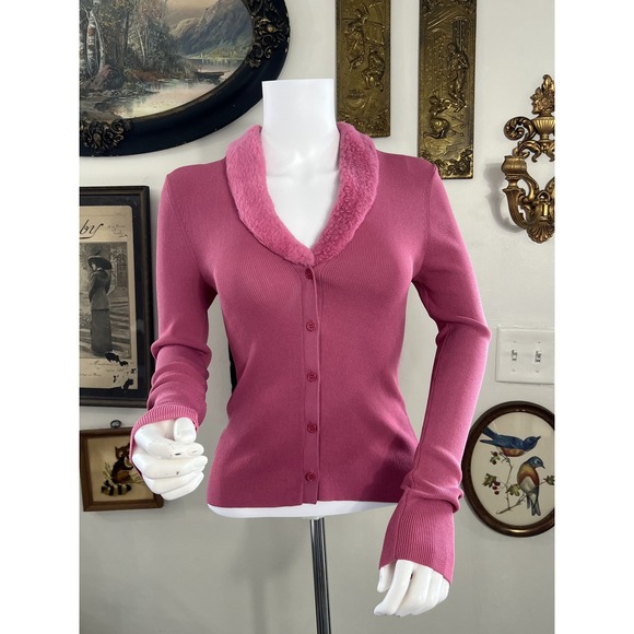 Sweaters - Staud Pink Ribbed Knit Cardigan Sweater with Matching Faux-Fur Collar Size M